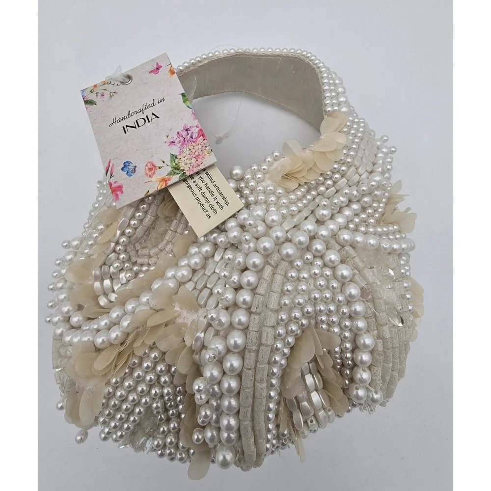Cream, Ivory, And White Handcrafted In India Beaded Bag NWT - Picture 4 of 4